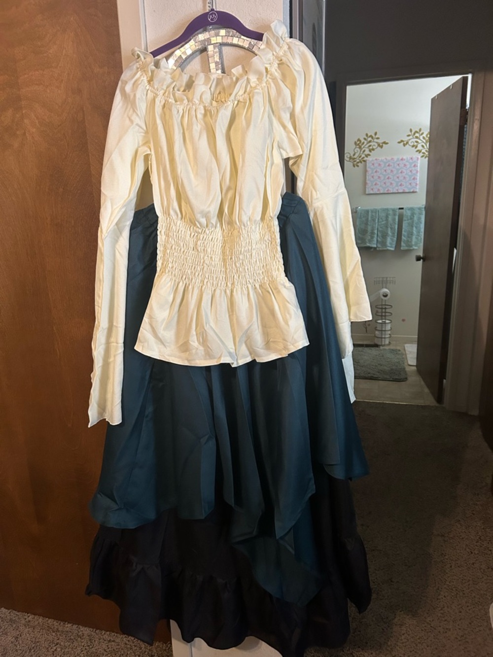 Women’s Cream Smocked Waist Blouse with Dark Green Layered Skirt